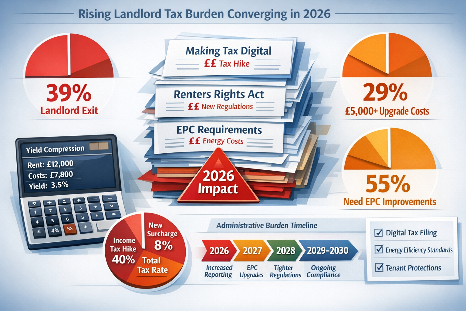 Detailed landscape format (1536x1024) visualization of landlord tax burden breakdown showing multiple regulatory pressures converging in 202