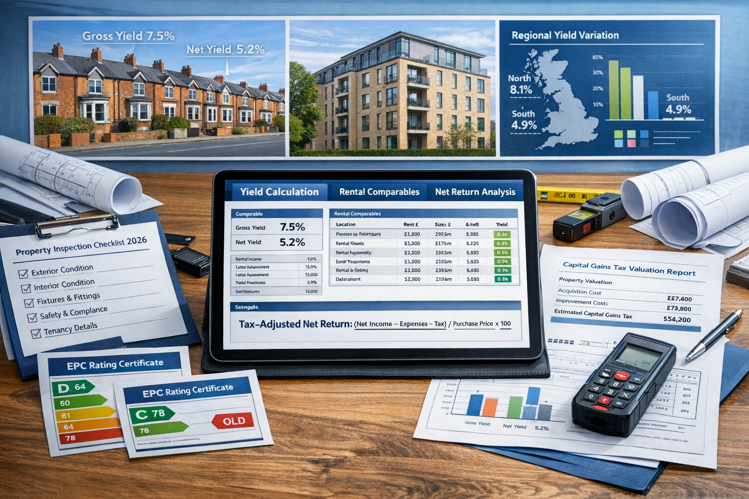 Detailed landscape format (1536x1024) professional surveyor workspace showing RICS-compliant valuation methodology for rental properties in