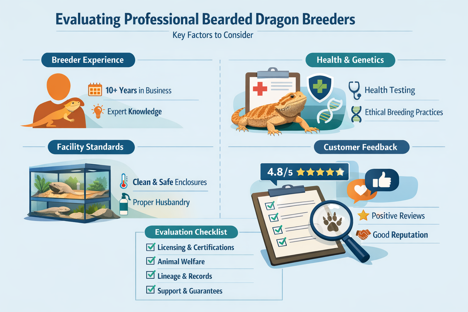 Professional landscape infographic (1536x1024) for article "The Complete Guide to Bearded Dragon Breeders: Finding Quality Reptiles in 2026"