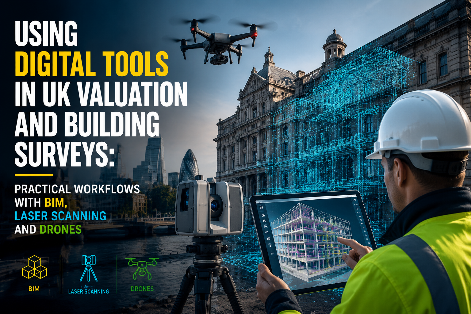Professional landscape hero image () with : "Using Digital Tools in UK Valuation and Building Surveys: Practical Workflows