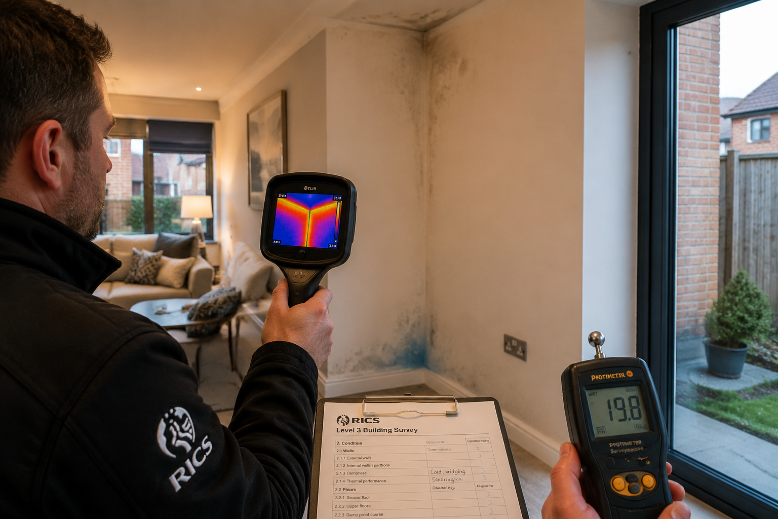 Wide-angle editorial photograph () of a RICS Level 3 building survey in progress inside a modern post-2010 new-build UK