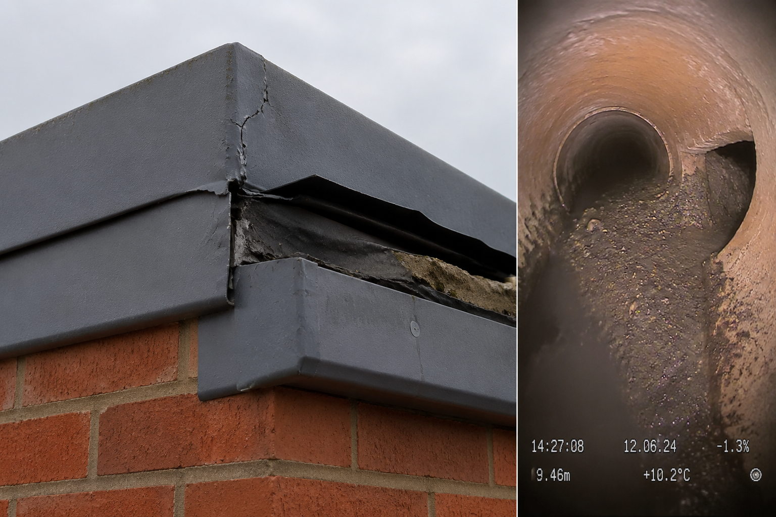 Close-up macro editorial photograph () shot from below looking up at a flat-roof parapet detail on a modern UK new-build