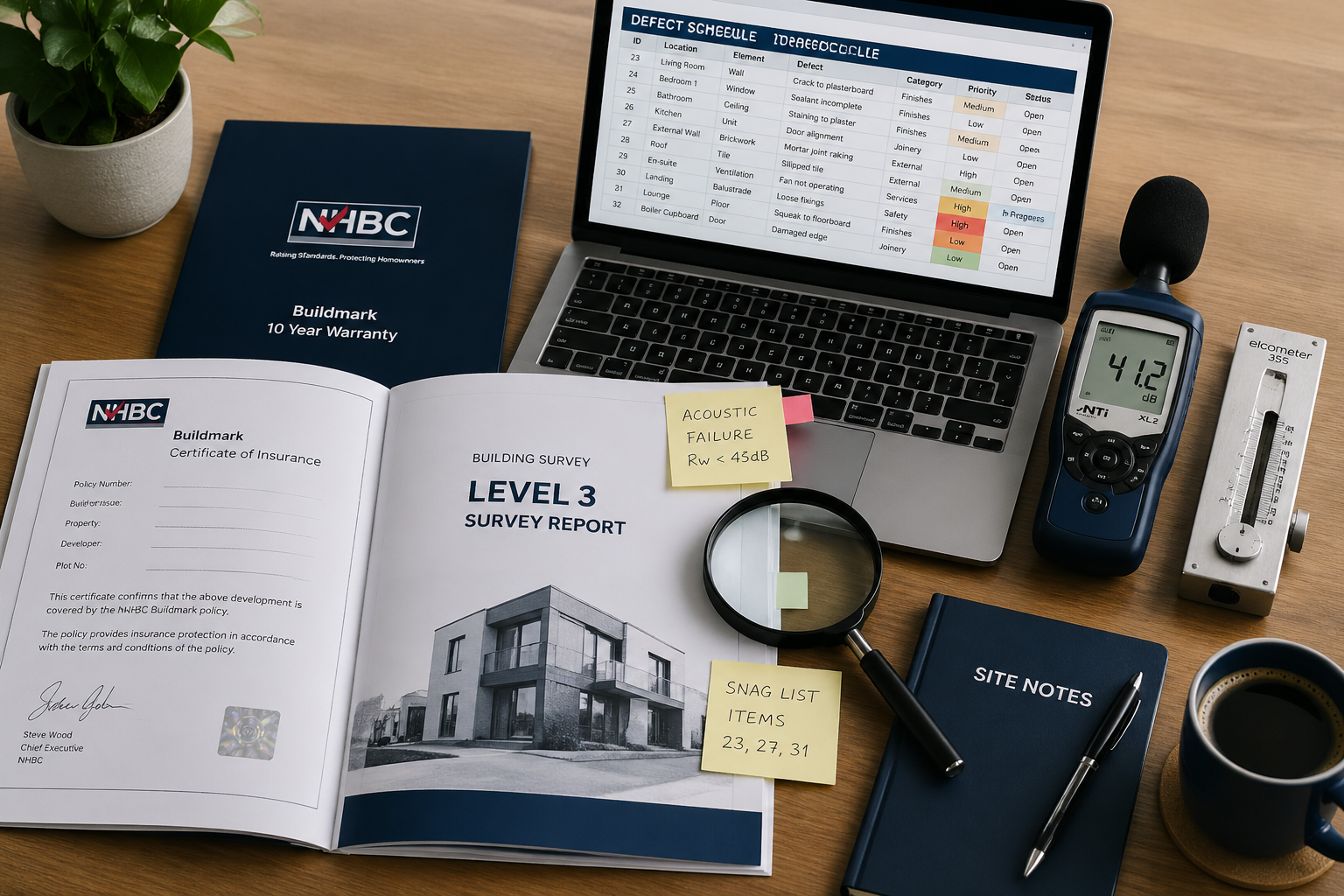 Overhead bird's-eye editorial photograph () of a NHBC warranty document and building survey Level 3 report spread open on a