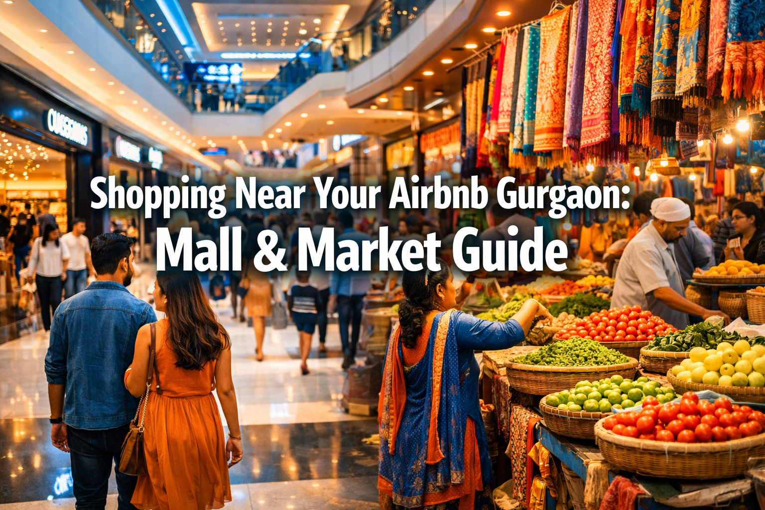 Professional landscape format (1536x1024) hero image with bold text overlay: 'Shopping Near Your Airbnb Gurgaon: Mall & Market Guide' in ext