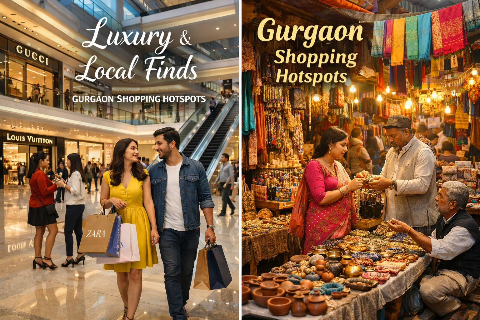 Landscape format (1536x1024) image featuring a split composition. On one side, a modern, brightly lit interior of a high-end mall in Gurgaon