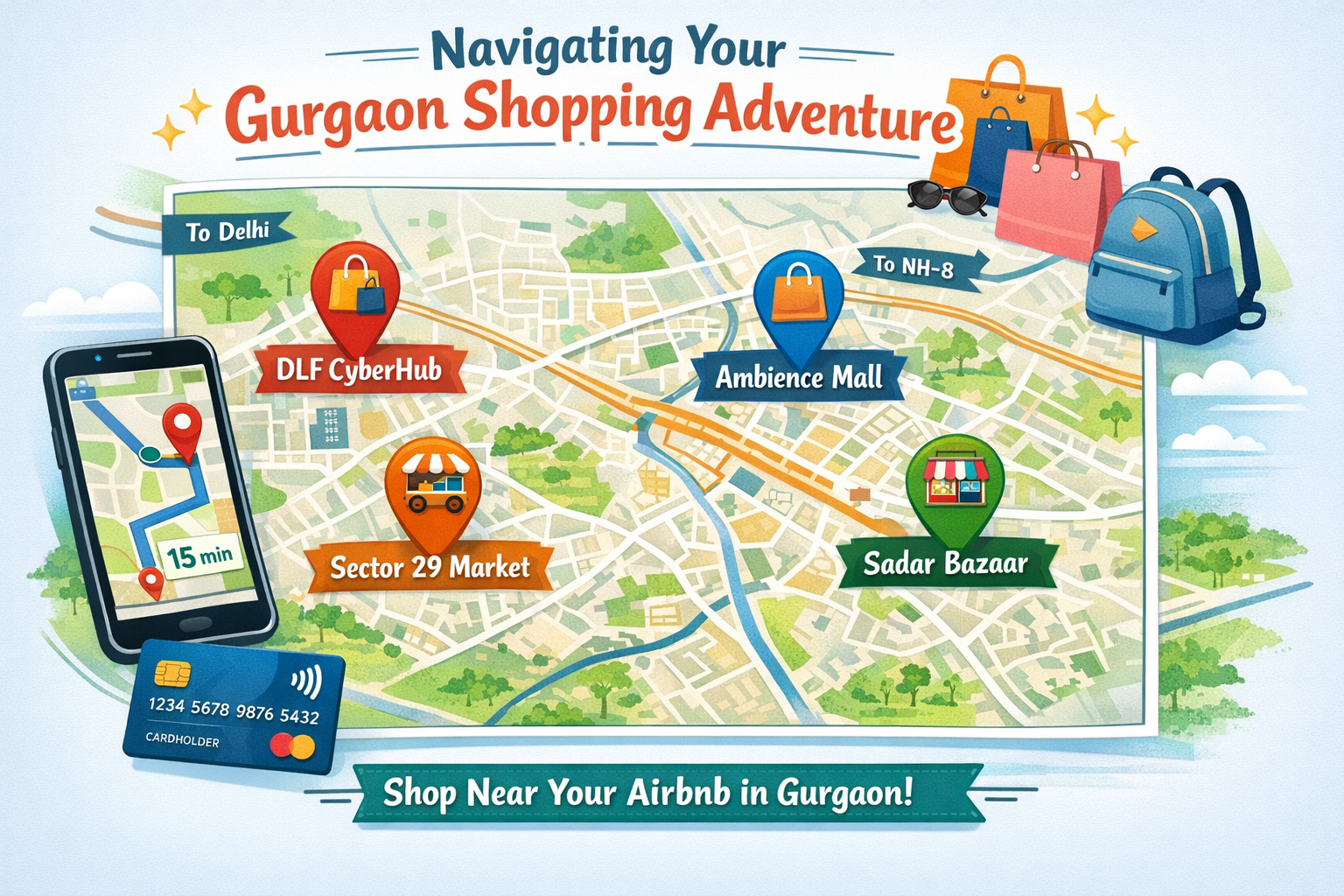 Landscape format (1536x1024) infographic-style image detailing a map of Gurgaon with pins indicating key shopping locations (DLF CyberHub, A