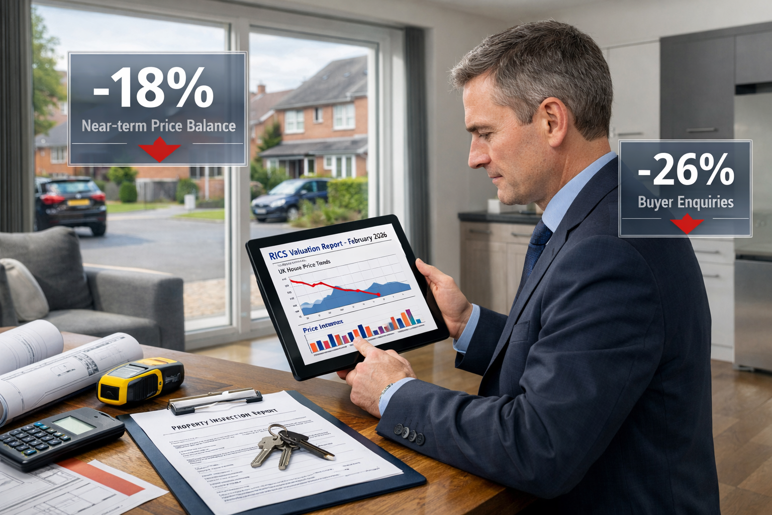 Detailed () image showing professional surveyor in business attire conducting property inspection inside modern UK