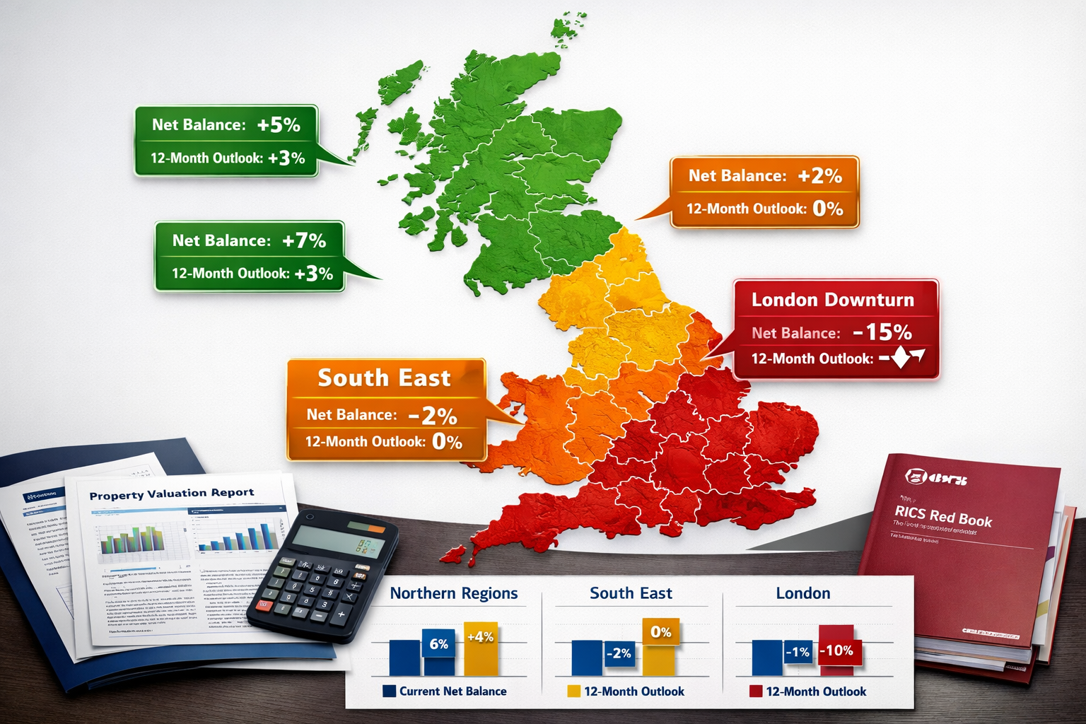Wide-angle () image depicting detailed UK map with distinct regional zones color-coded by market performance: London in deep