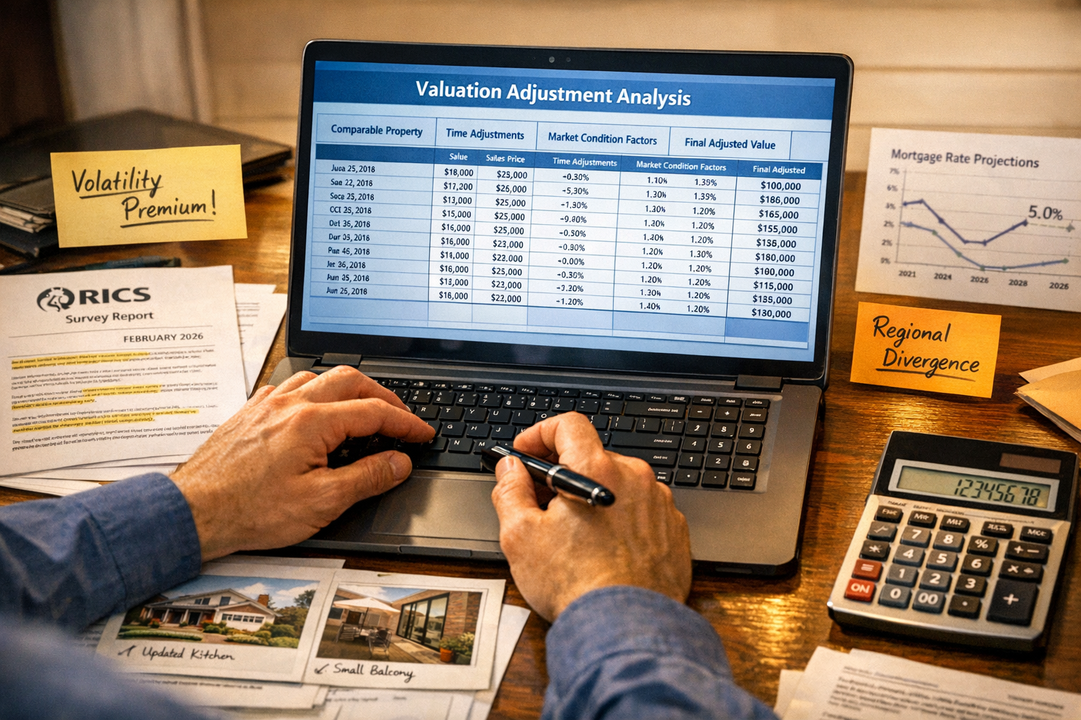 Close-up () image of professional workspace showing hands of surveyor working on detailed valuation adjustment spreadsheet