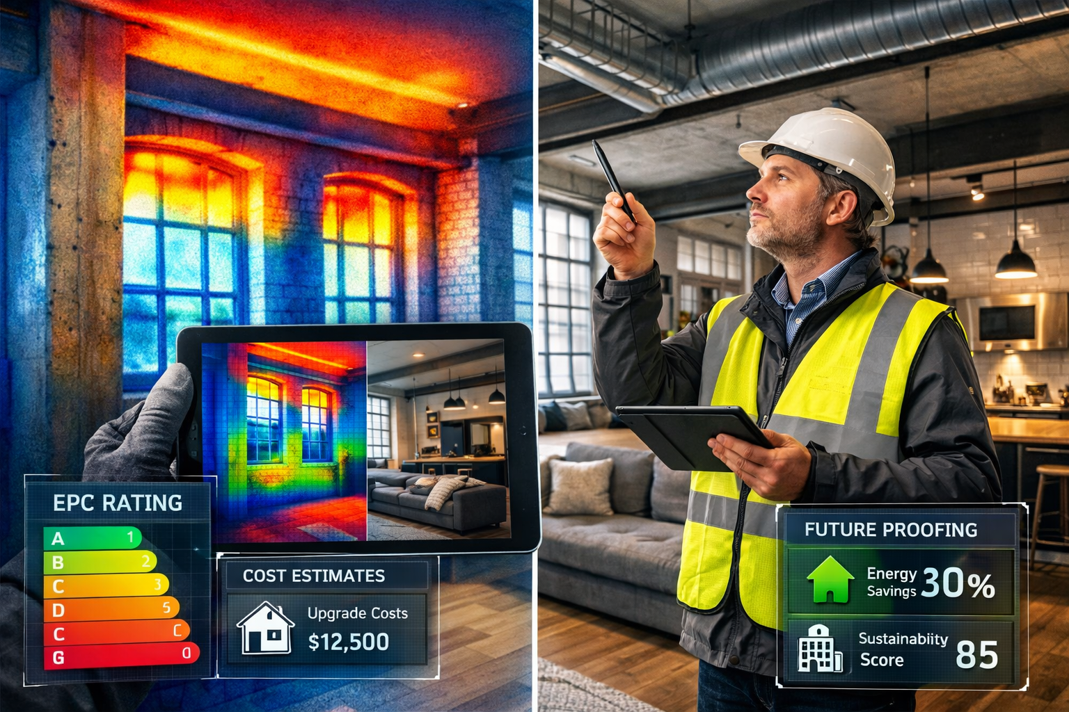 Detailed () editorial image showing professional surveyor using advanced tablet technology with thermal imaging displayed on