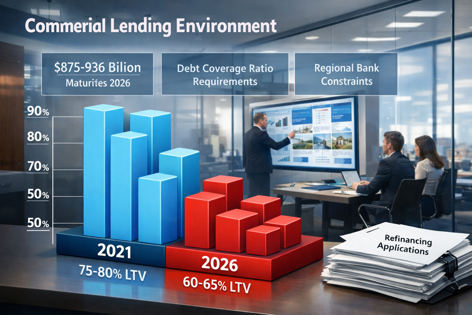 Detailed () professional infographic-style image depicting commercial lending environment with three-dimensional bar chart