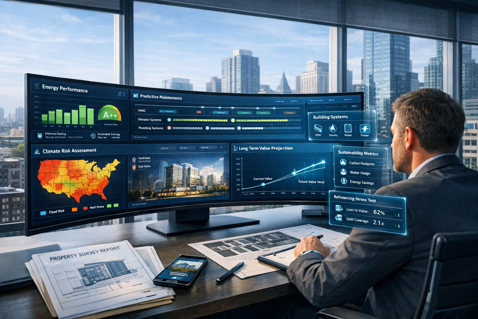 Detailed () futuristic real estate technology scene showing large curved ultra-wide monitor displaying comprehensive