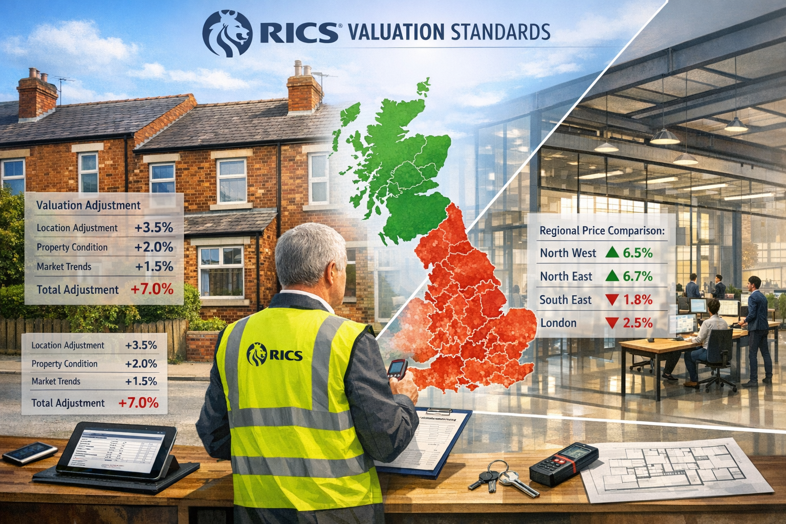 Detailed () image showing RICS Red Book valuation standards visualization with professional surveyor examining Northern