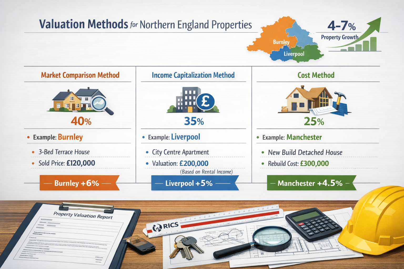 Comprehensive () infographic displaying comparative valuation methods for Northern England properties, detailed side-by-side