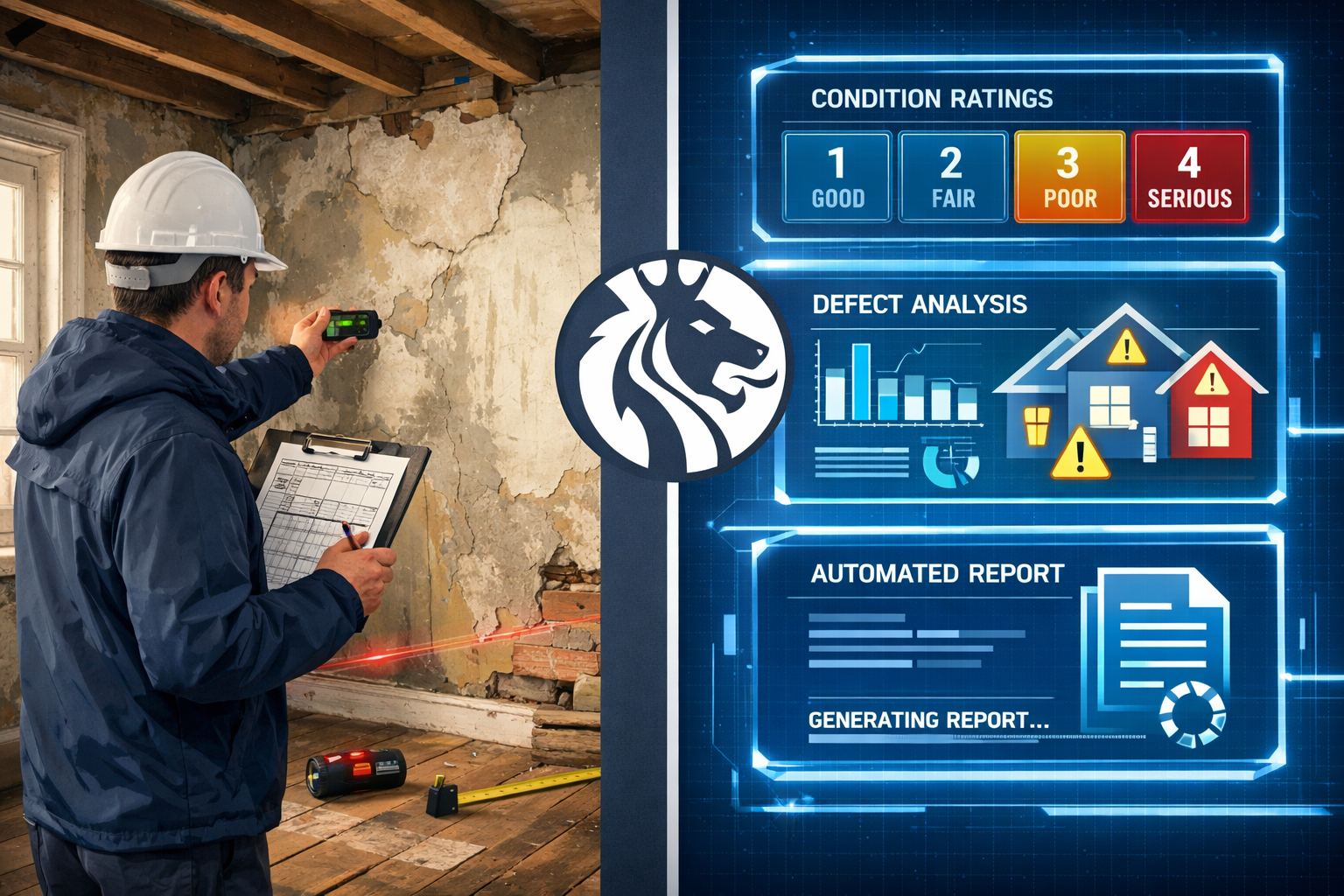() editorial illustration showing a split-scene composition: left side depicts a surveyor conducting a Level 3 building