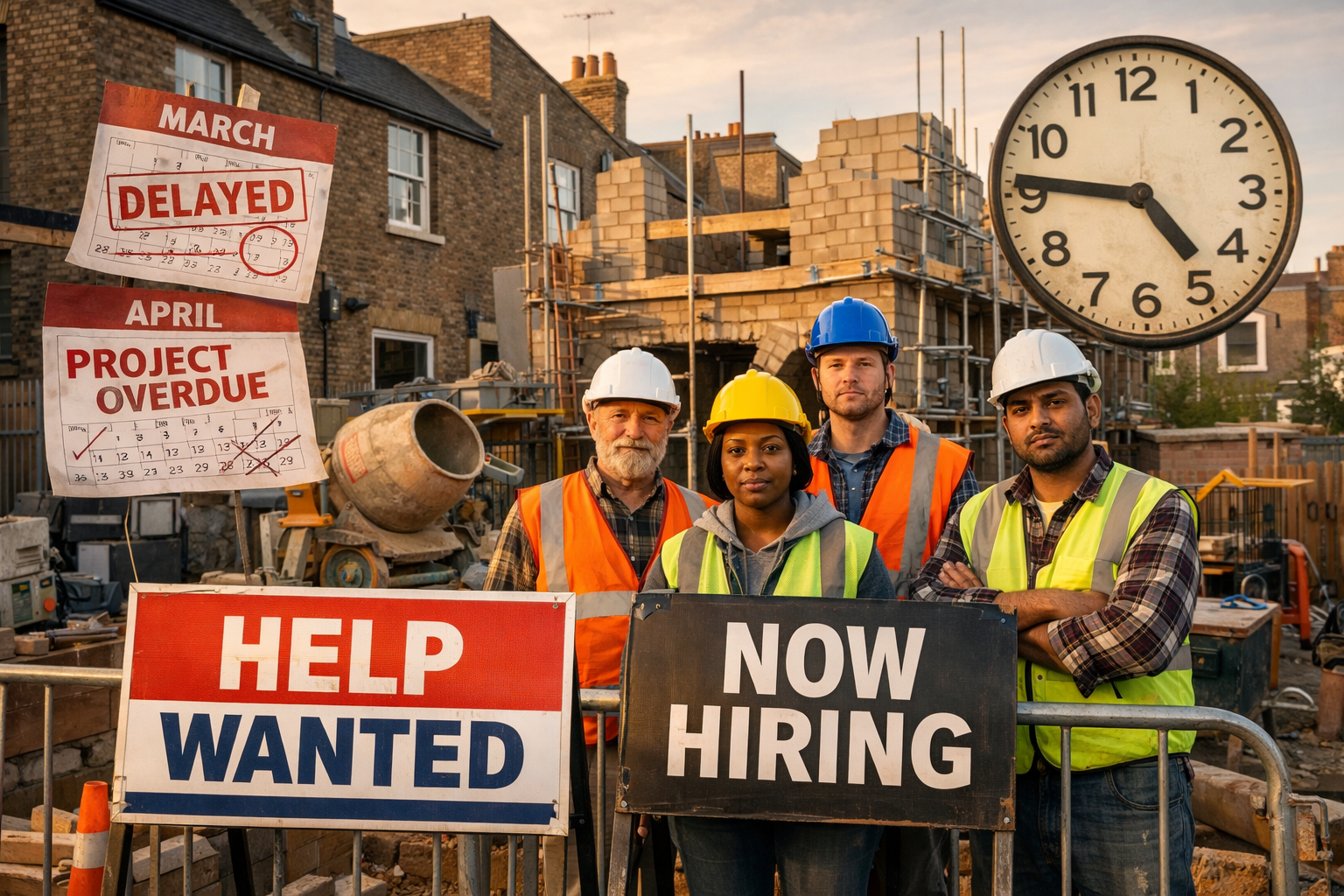 Detailed () professional photograph showing diverse construction workers in safety gear (hard hats, high-visibility vests)