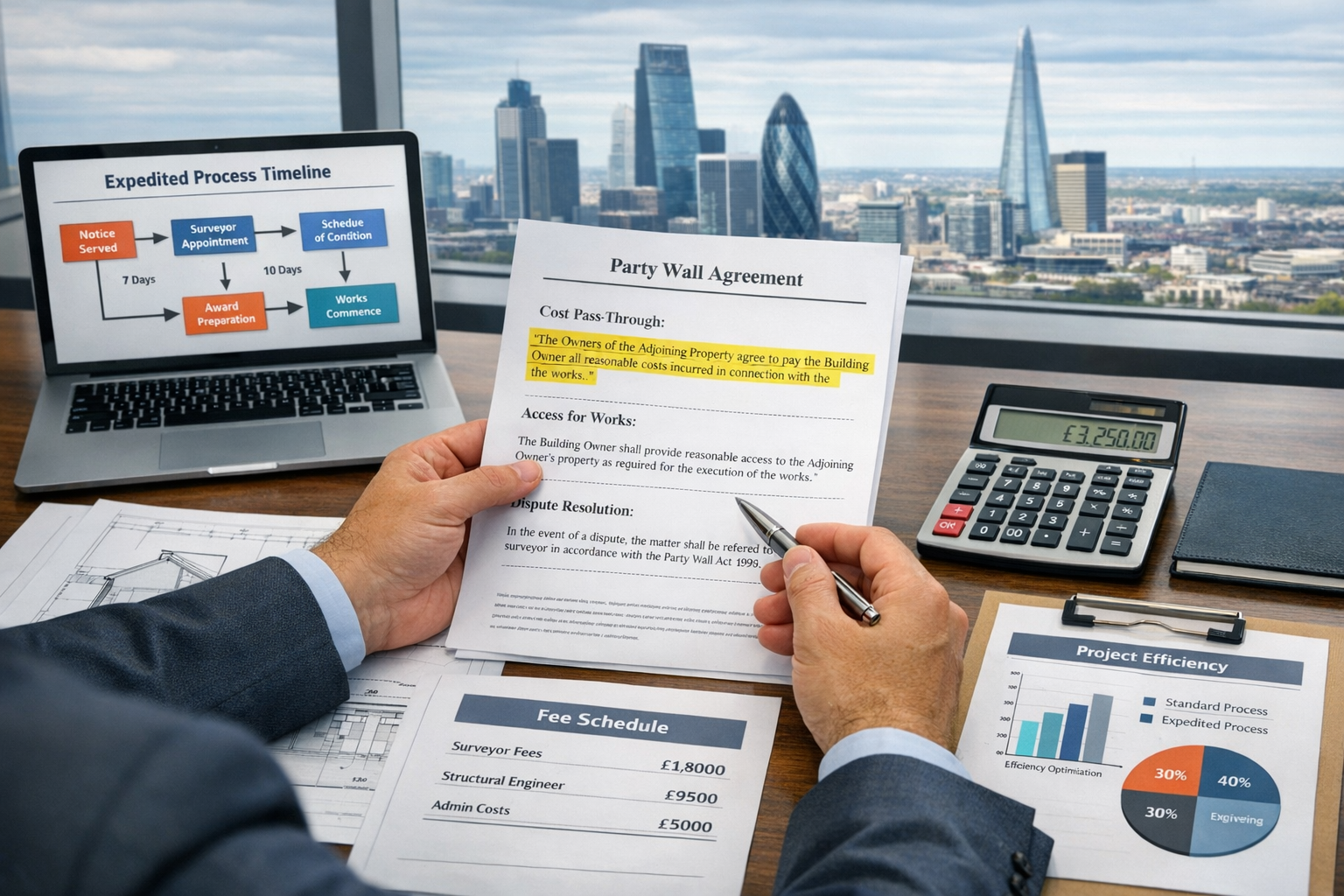 Detailed () business meeting scene showing party wall surveyor at modern office desk reviewing detailed party wall agreement