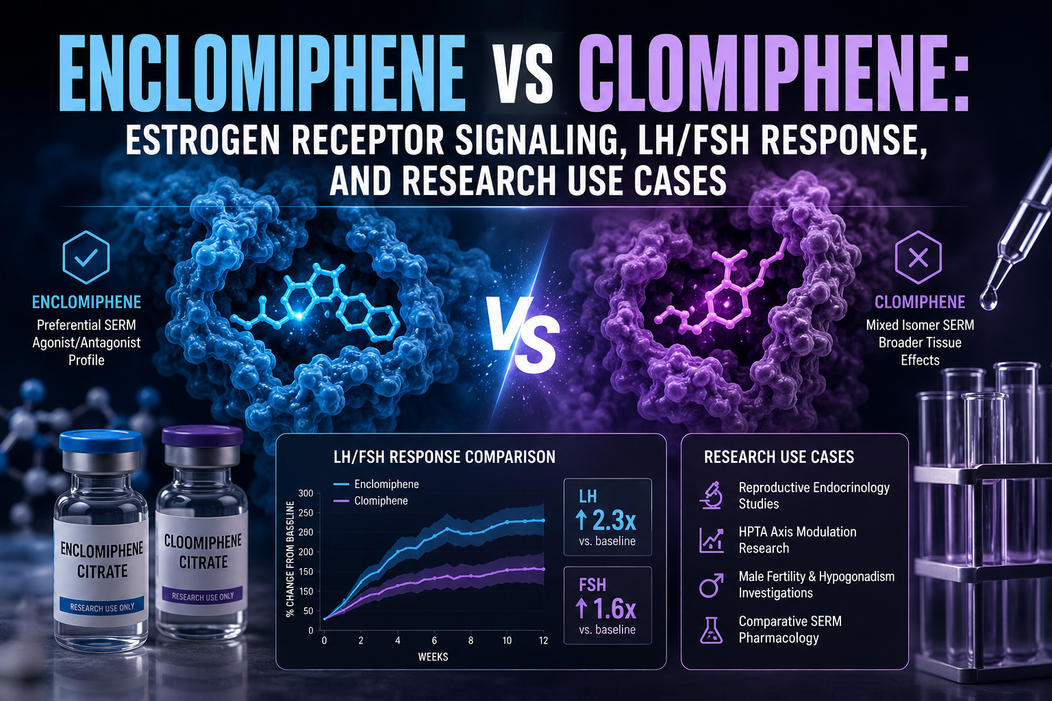 Professional landscape hero image () with : "Enclomiphene vs Clomiphene: Estrogen Receptor Signaling, LH/FSH Response, and