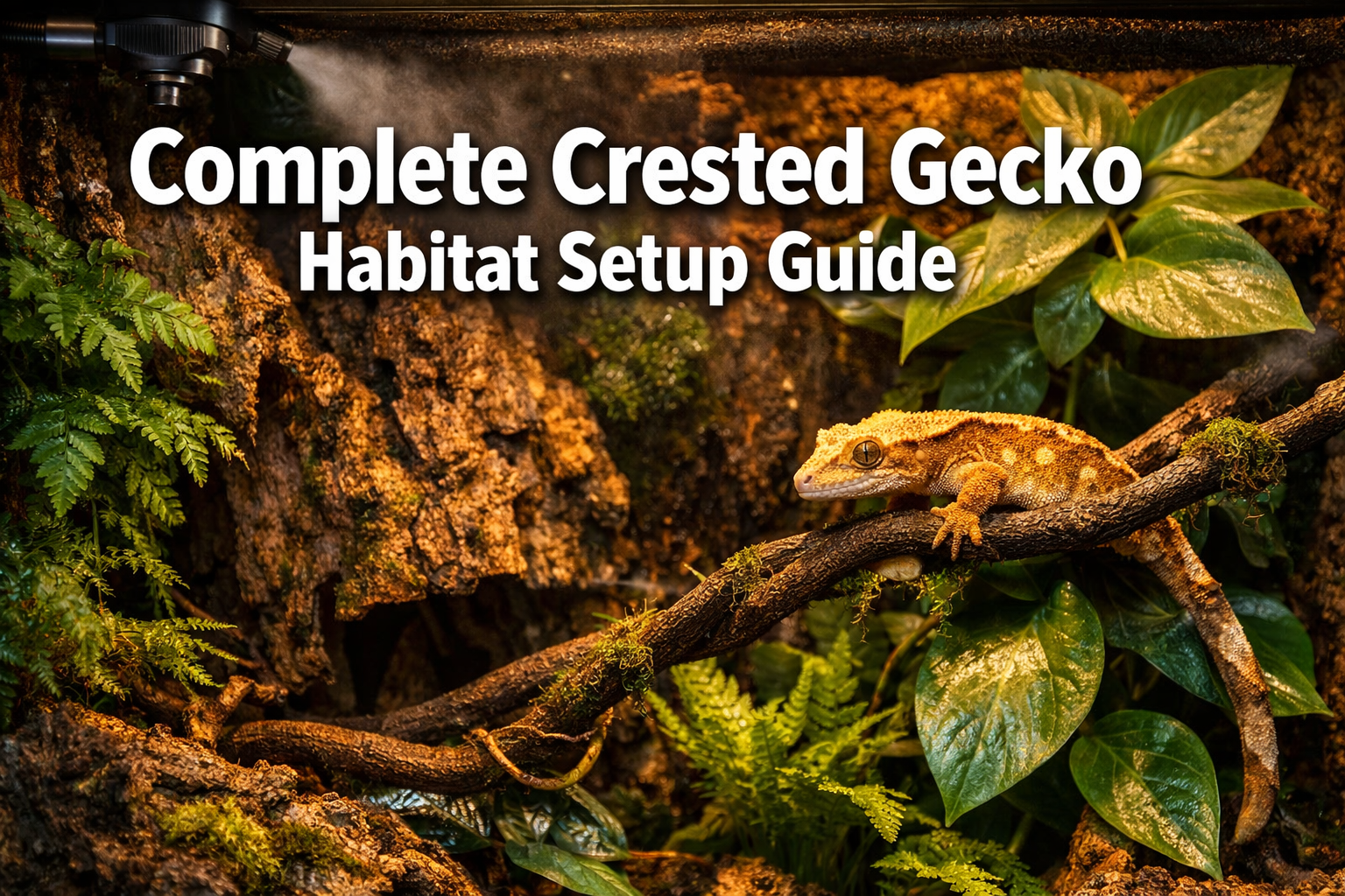 Professional landscape format (1536x1024) hero image featuring bold text overlay 'Complete Crested Gecko Habitat Setup Guide' in extra large