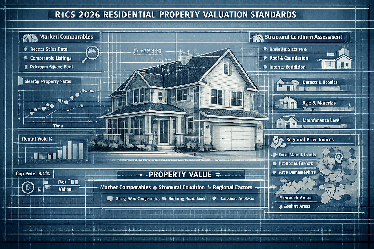 Detailed architectural infographic illustrating RICS 2026 residential property valuation standards, featuring layered