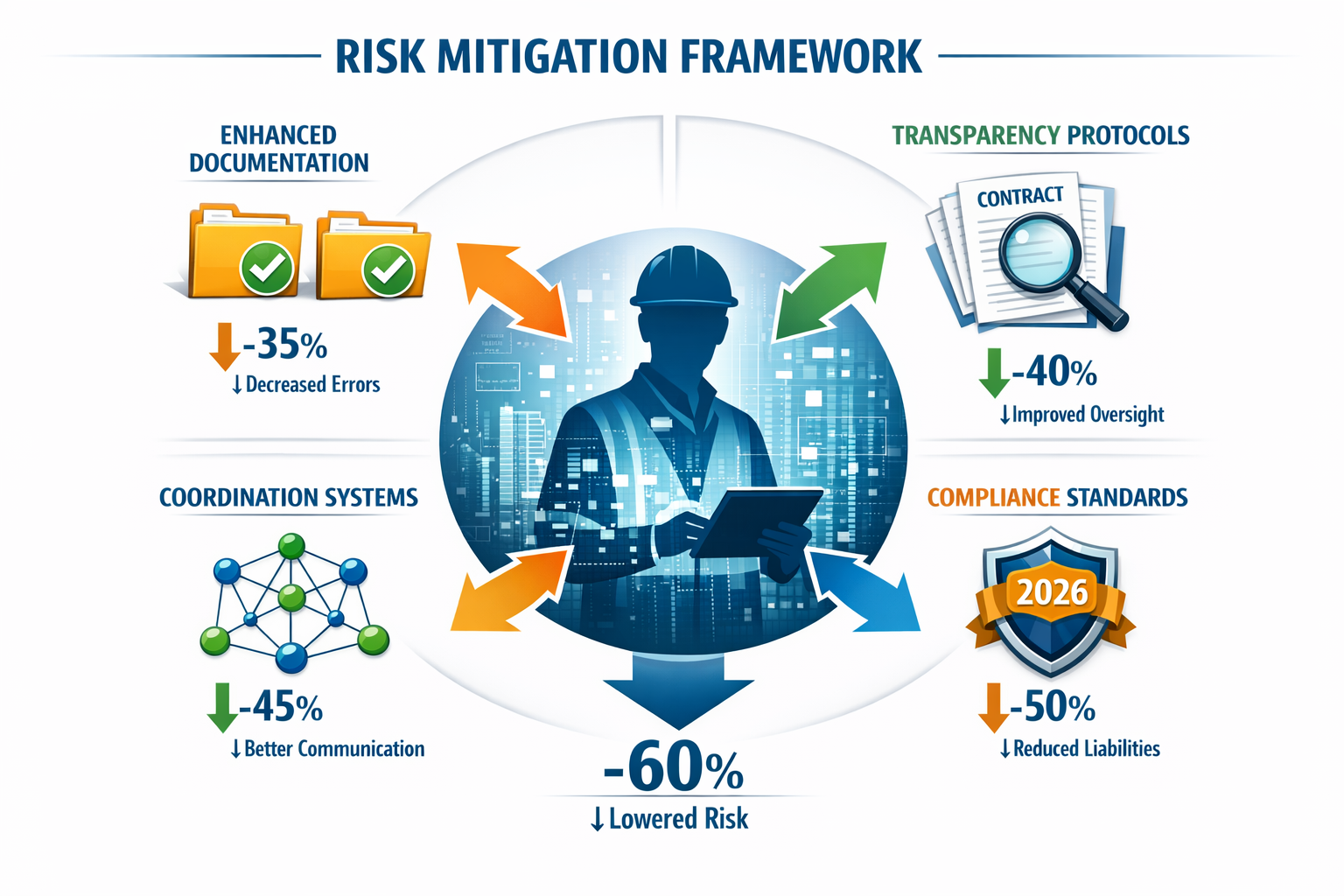() detailed infographic showing risk mitigation framework with four quadrants: Enhanced Documentation (folder icons with