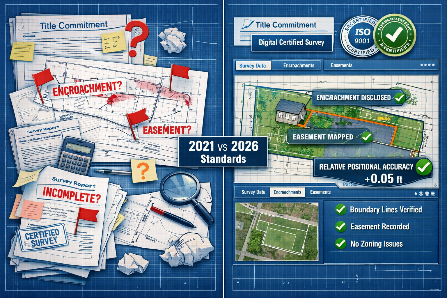 () split-screen composition showing before/after comparison of survey documentation standards. Left side: cluttered 2021