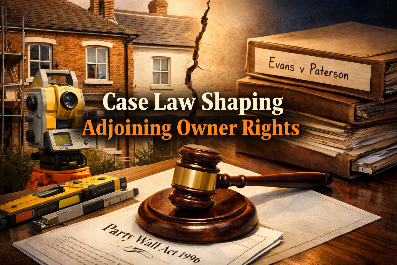 () editorial illustration showing a UK courtroom gavel resting on a Party Wall Act 1996 document beside a surveyor's