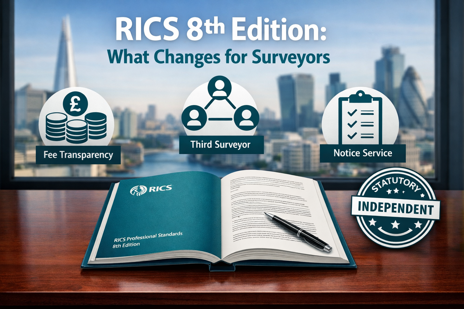 () infographic-style image showing a formal RICS 8th Edition guidebook open on a mahogany desk, surrounded by icons