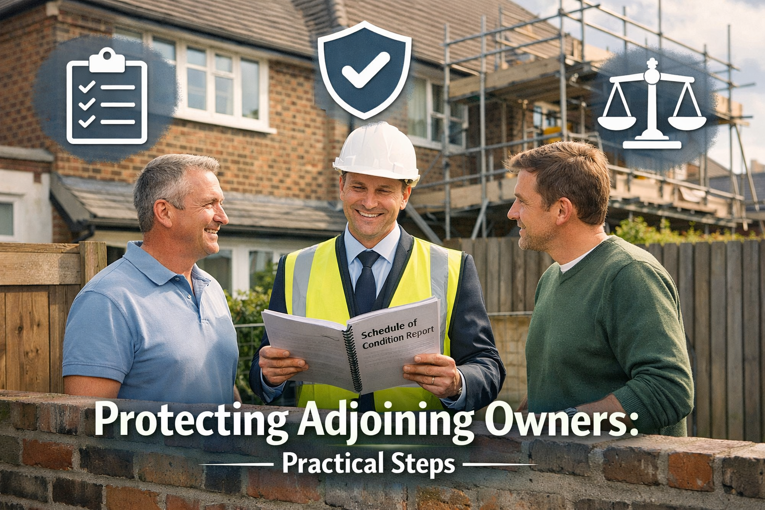 () showing a party wall surveyor in professional attire standing between two property owners at a shared boundary wall,