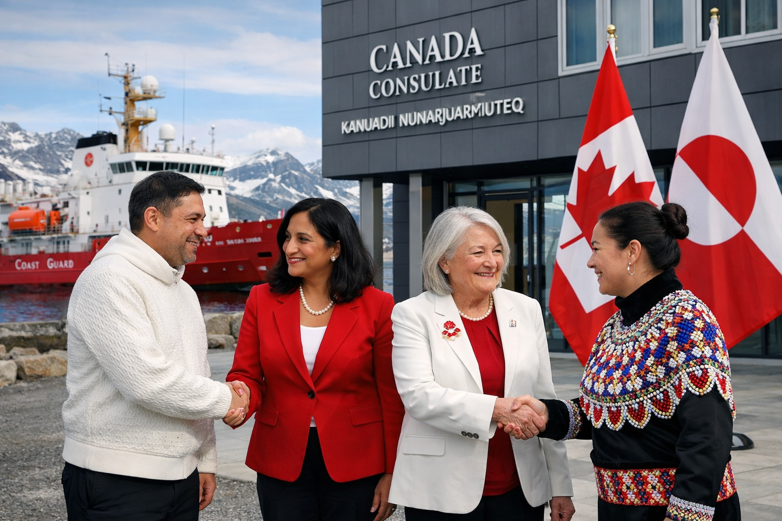 Detailed landscape format (1536x1024) image showing Canadian Foreign Minister Anita Anand and Governor General Mary Simon in formal diplomat