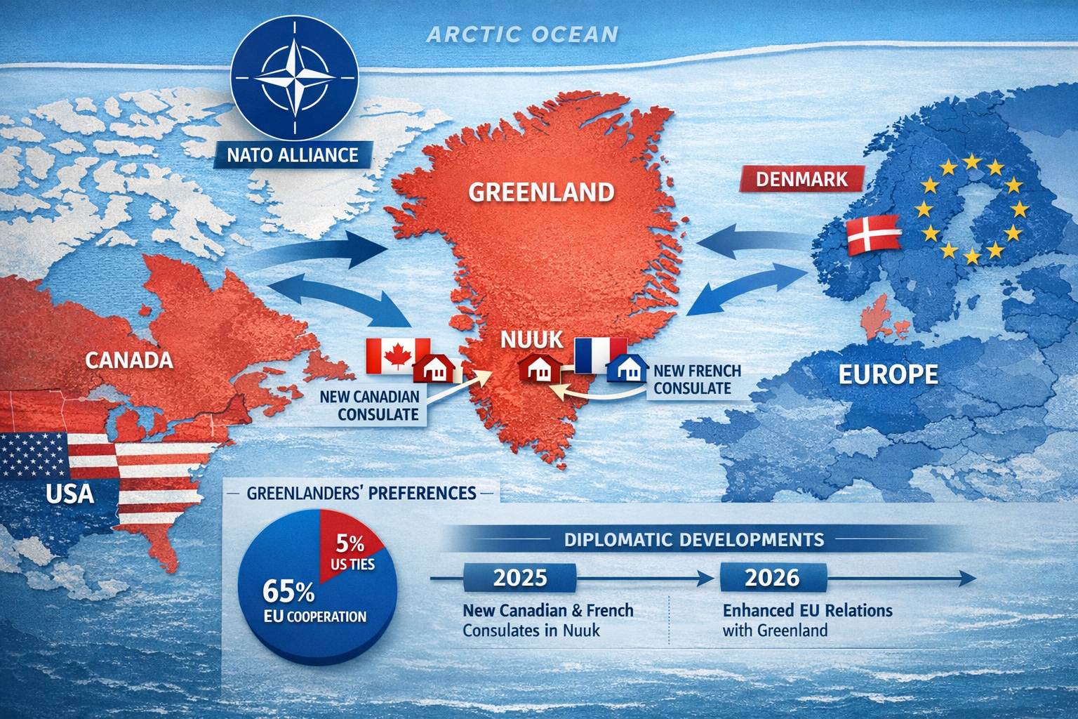 Comprehensive landscape format (1536x1024) infographic-style image displaying Arctic geopolitical map showing Greenland's strategic position
