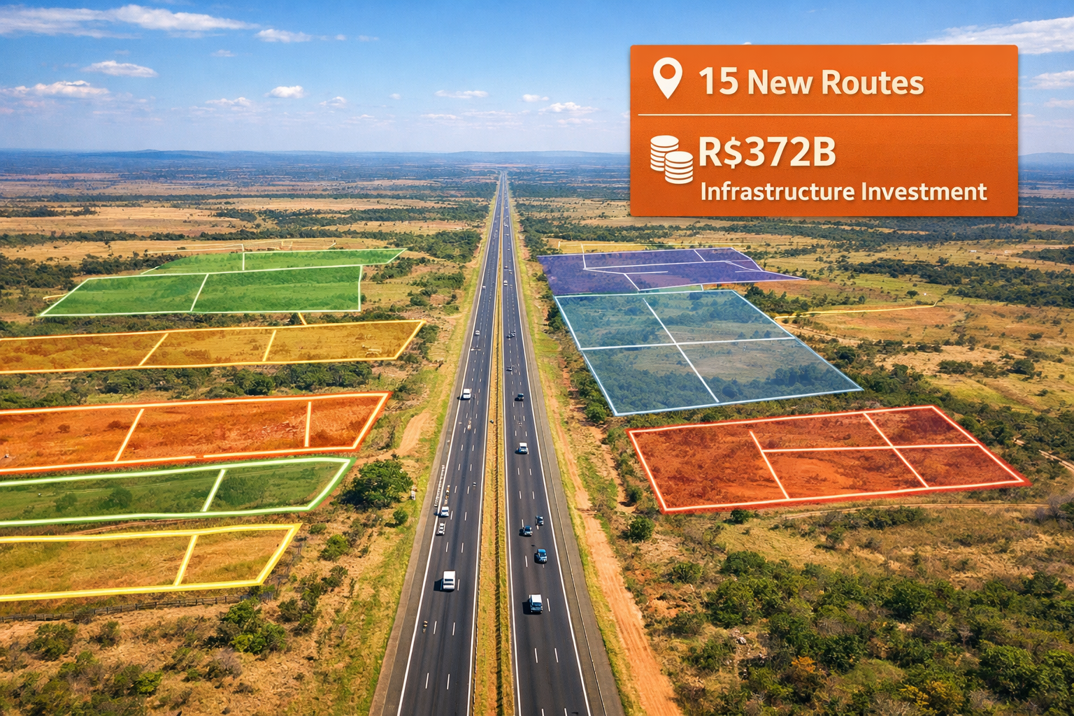 Wide aerial drone shot () showing a newly constructed Brazilian highway concession corridor stretching toward the horizon