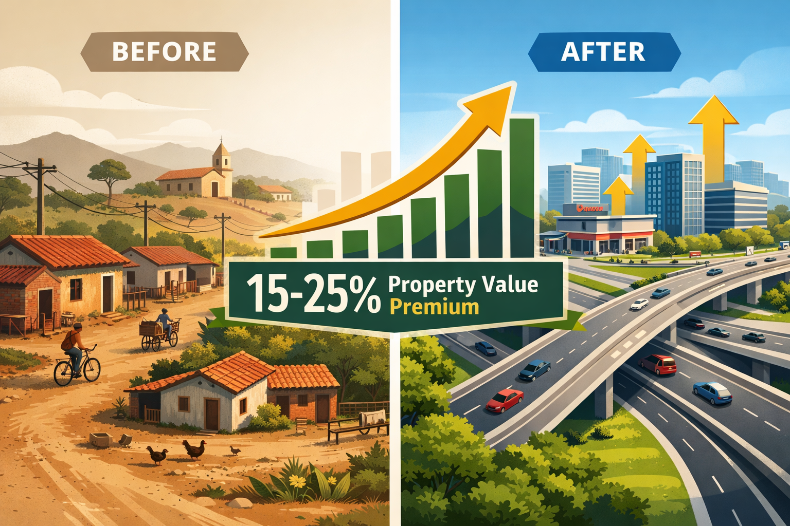 Detailed infographic-style landscape image () showing a split-scene: left side depicts a before-state rural Brazilian inland