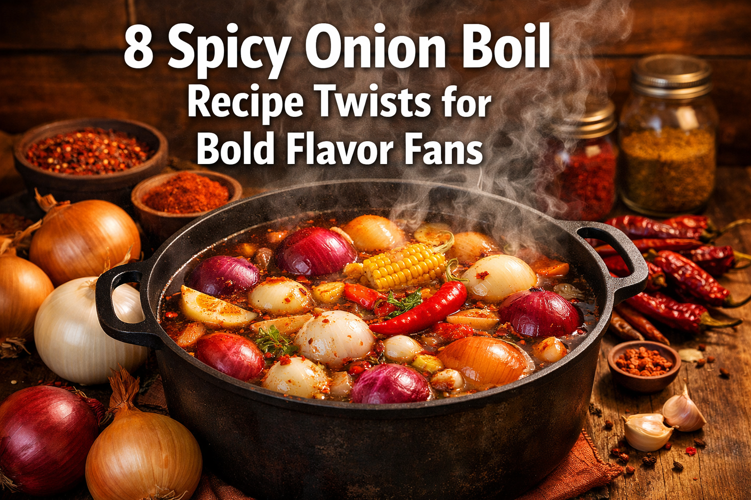 Professional landscape hero image (1536x1024) featuring bold text overlay '8 Spicy Onion Boil Recipe Twists for Bold Flavor Fans' in extra l