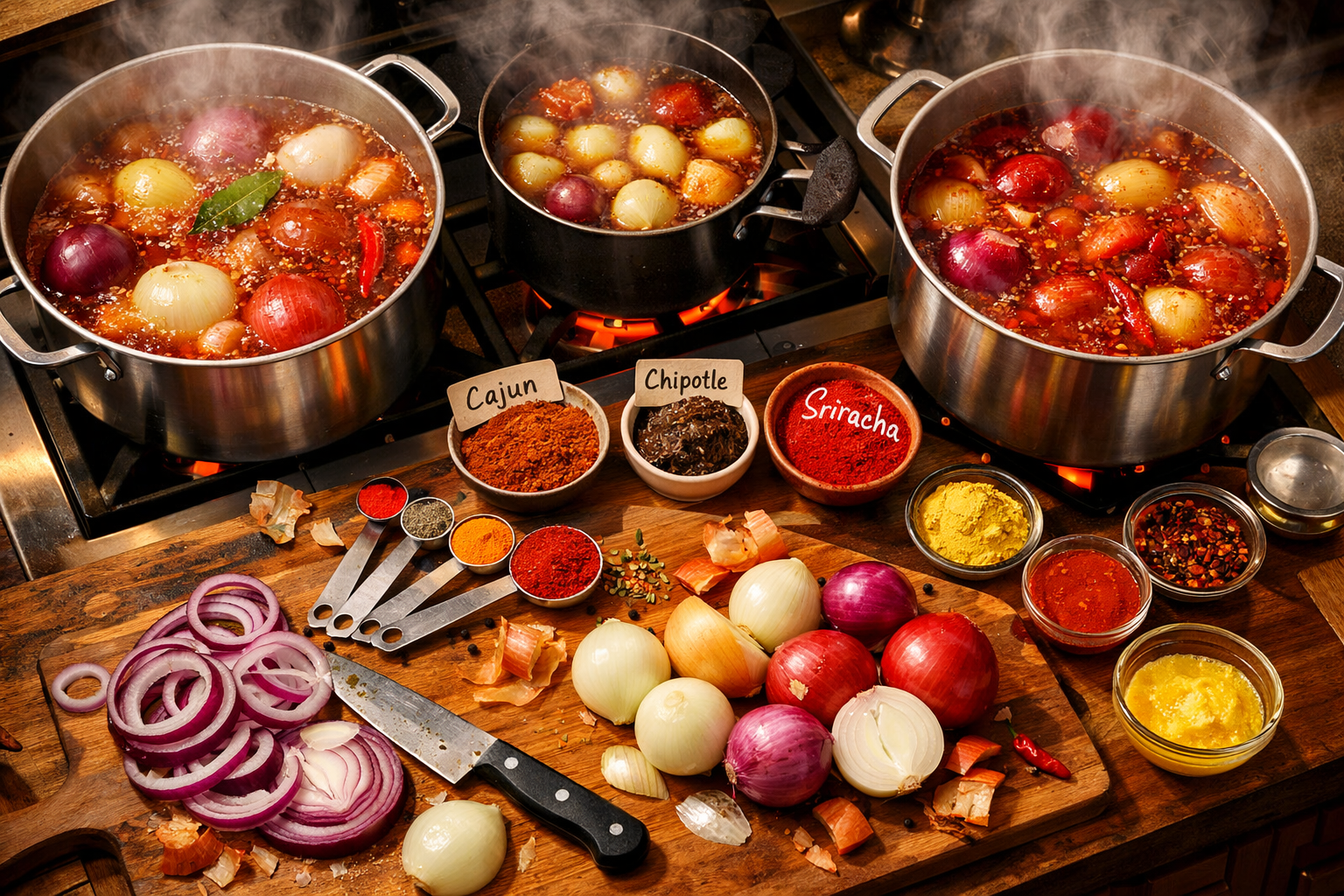 Detailed landscape image (1536x1024) showing step-by-step spicy onion boil preparation with multiple pots on stovetop, various spice blends 