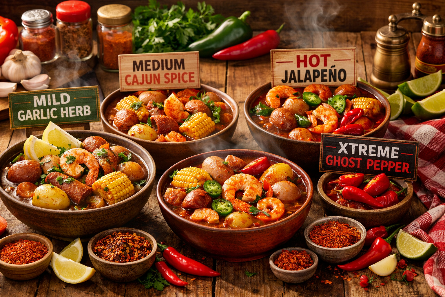 Professional landscape food photography (1536x1024) displaying finished spicy onion boil variations in separate serving bowls, each labeled 