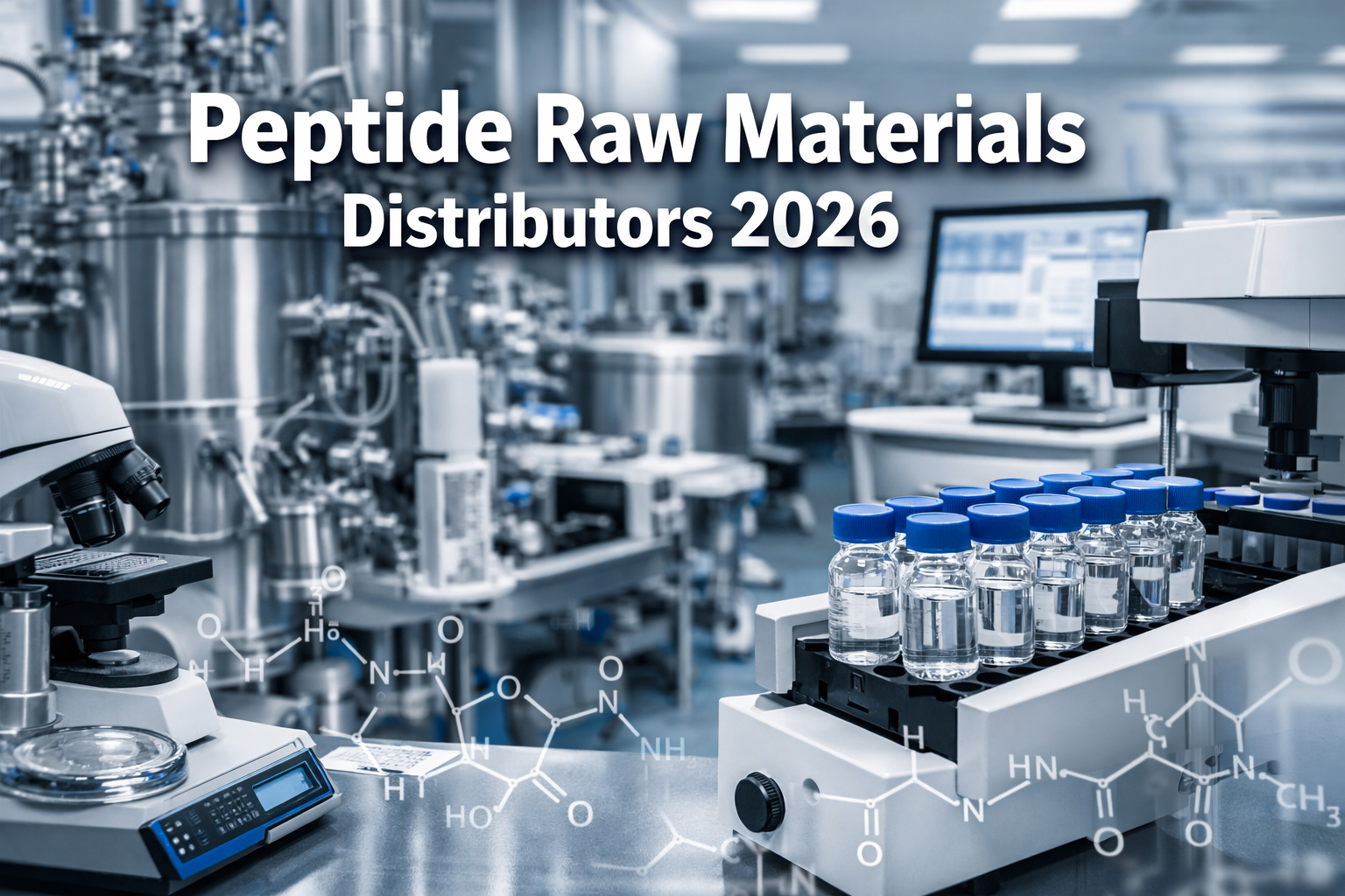 Professional landscape format (1536x1024) hero image featuring bold text overlay 'Peptide Raw Materials Distributors 2026' in extra large 72