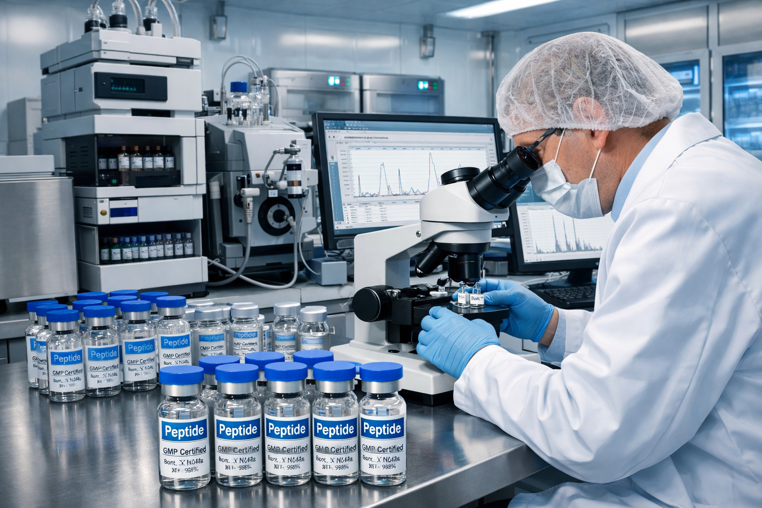 Detailed landscape format (1536x1024) image depicting pharmaceutical quality control laboratory with scientist in white coat examining pepti