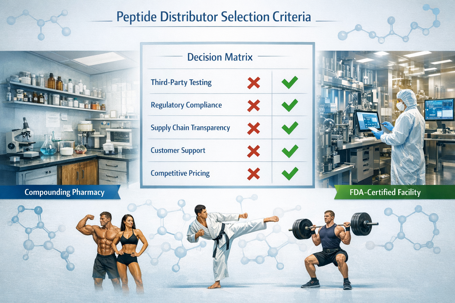 Detailed landscape format (1536x1024) image showing comparison chart of peptide distributor selection criteria with visual elements. Left si