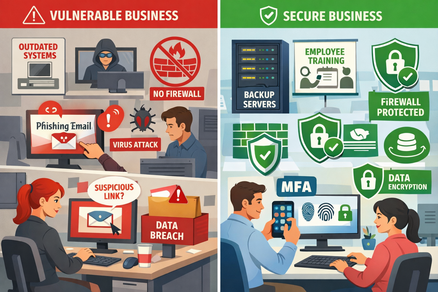 () illustration showing a small business office environment split-screen style - left side shows vulnerable business with