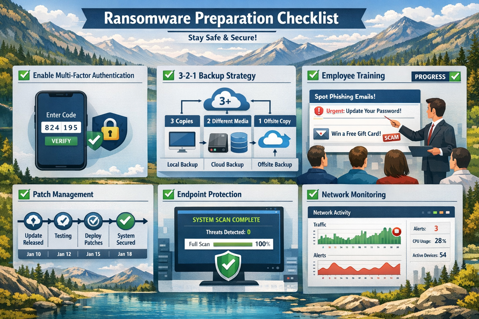 Detailed landscape () step-by-step visual checklist infographic showing ransomware preparation elements: multi-factor
