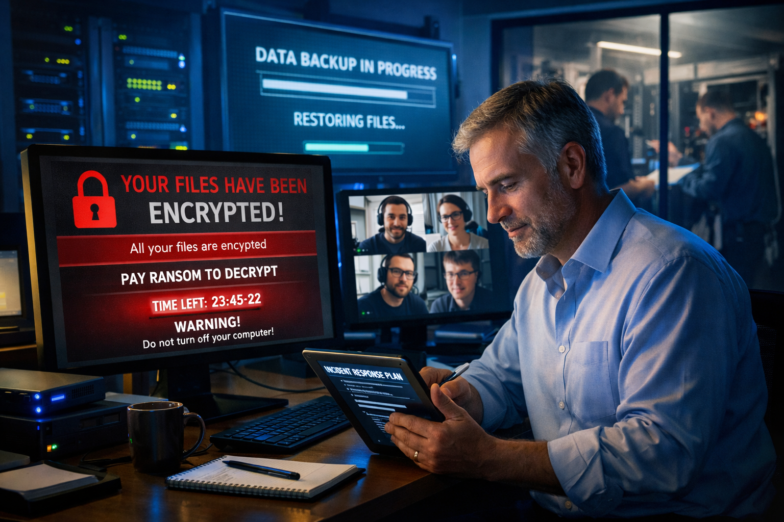() dramatic scene showing business owner at computer during ransomware attack - screen displaying encryption warning