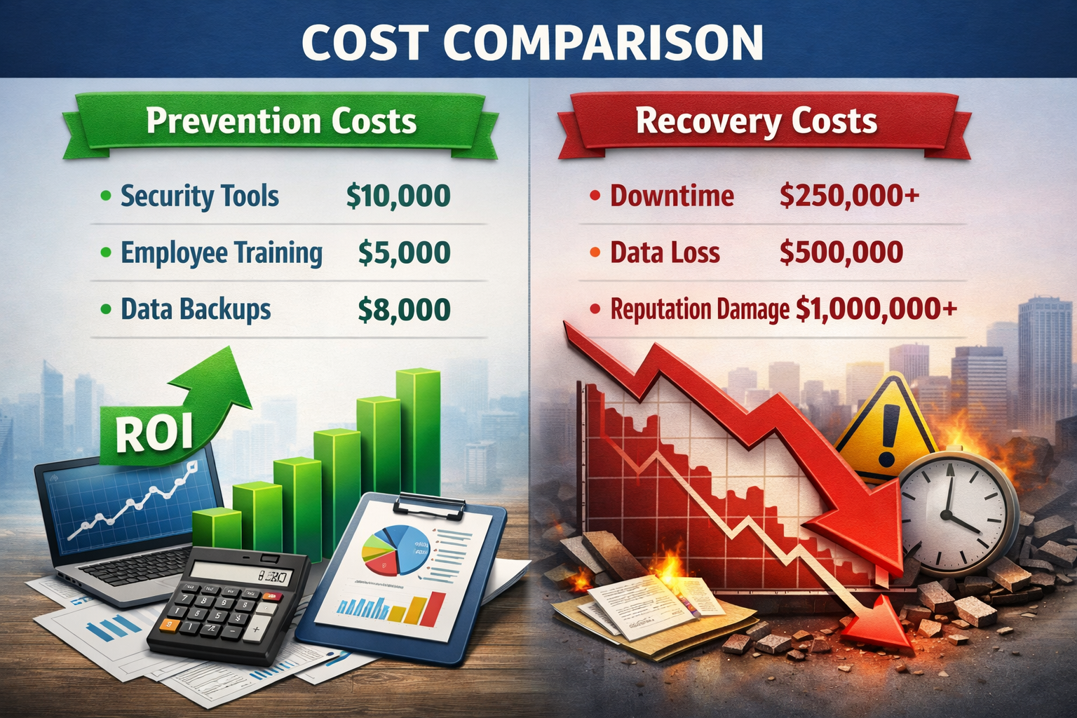Professional landscape () cost comparison infographic showing two columns - 'Prevention Costs' with smaller dollar amounts