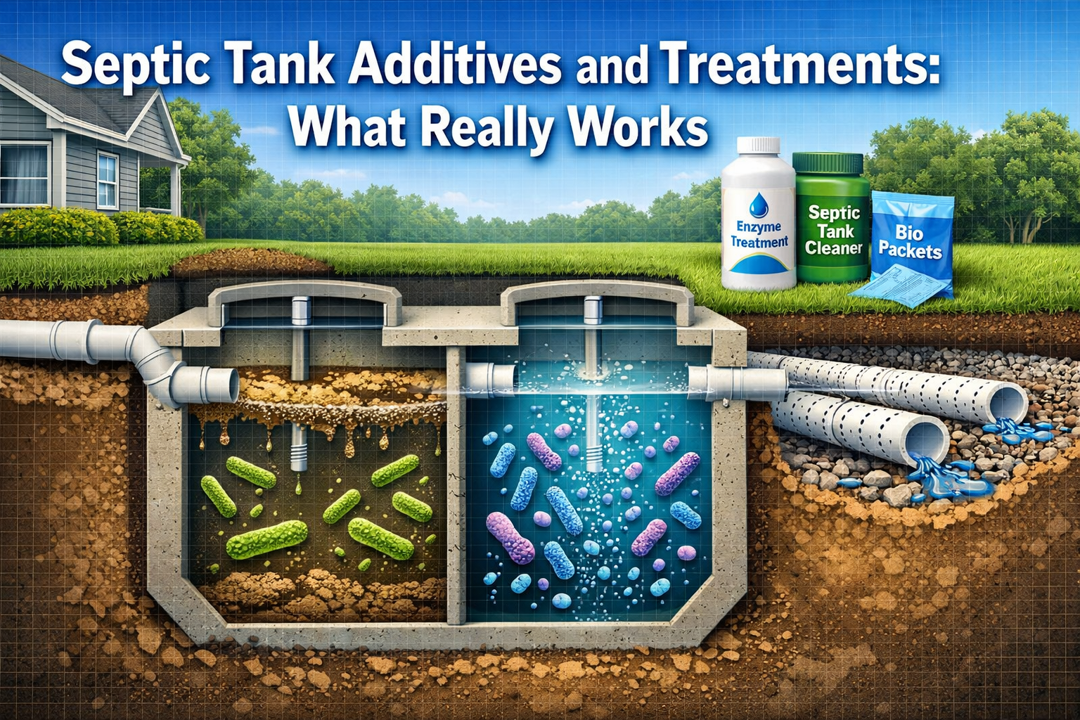 Professional () hero image with 'Septic Tank Additives and Treatments: What Really Works' in white with dark , positioned in