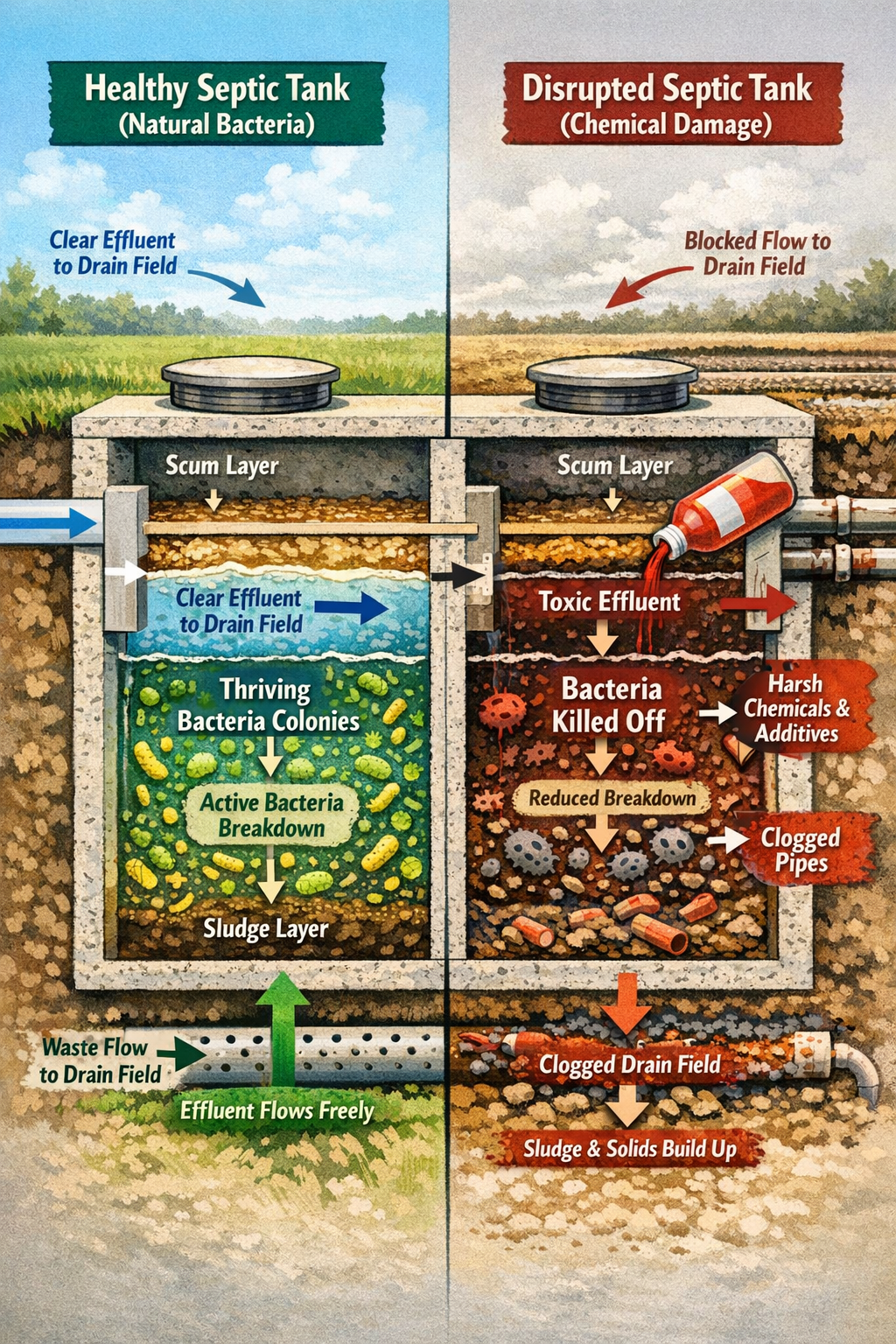 () cross-section diagram of septic tank showing natural bacterial process versus additive interference. Left side shows