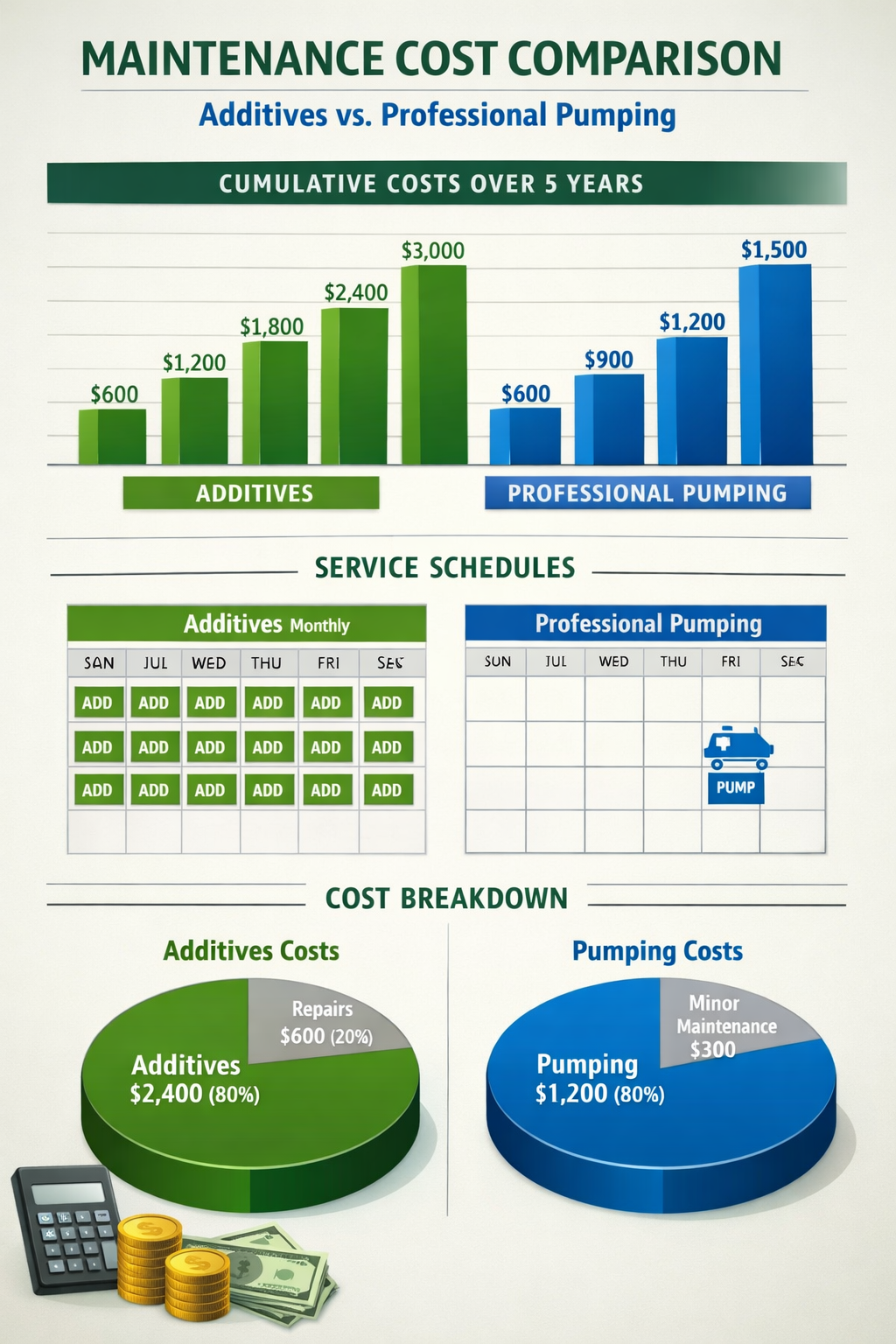 () maintenance timeline infographic comparing additive costs versus professional pumping over 5 years. Bar charts show