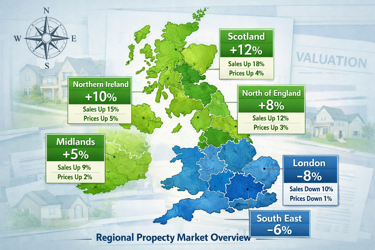 Detailed () image depicting UK regional property valuation map with distinct color-coded zones showing performance
