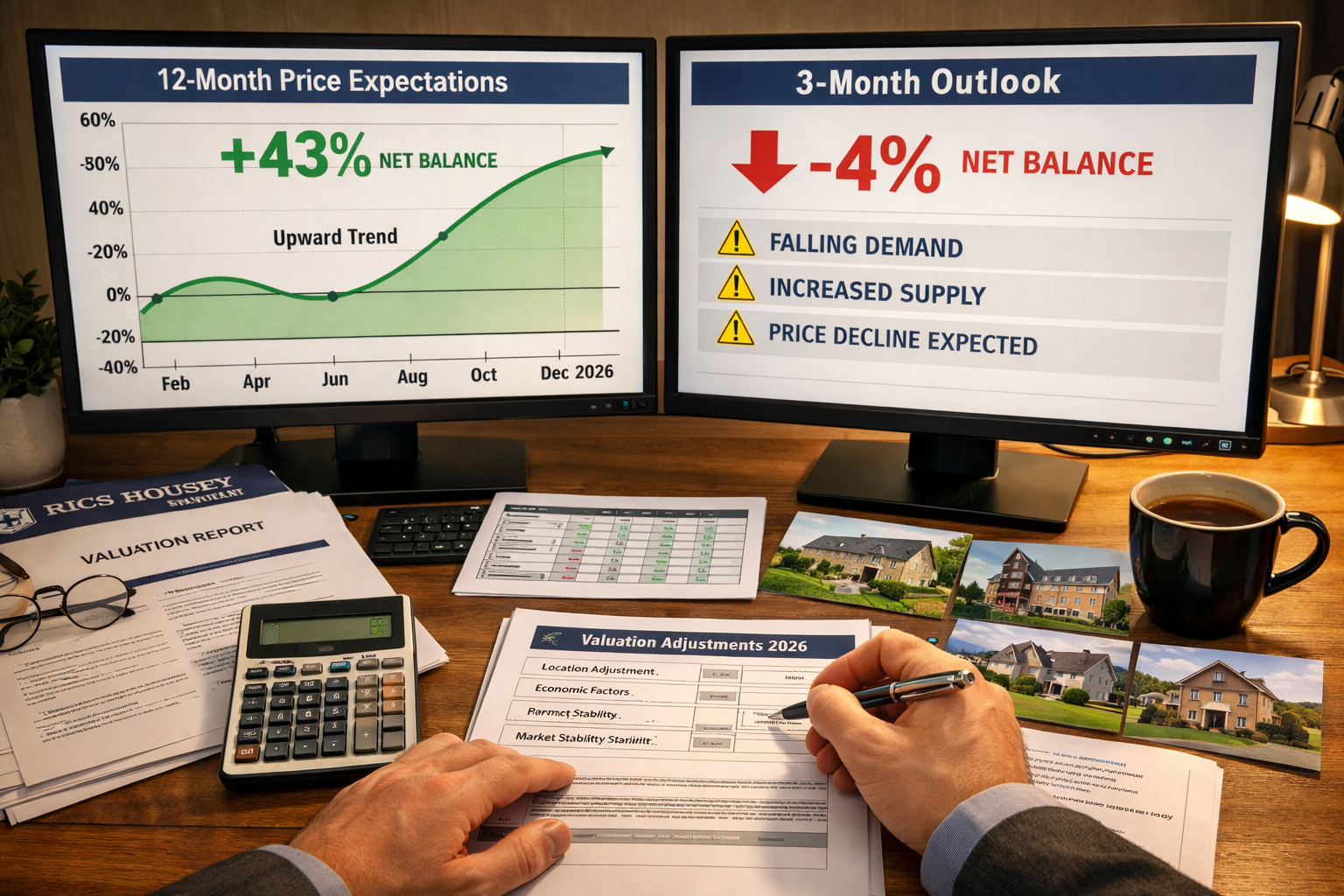 Detailed () image showing professional chartered surveyor's workspace with dual monitors displaying comparative valuation