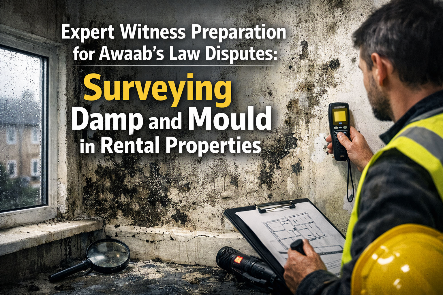 Professional landscape hero image () with : "Expert Witness Preparation for Awaab's Law Disputes: Surveying Damp and Mould