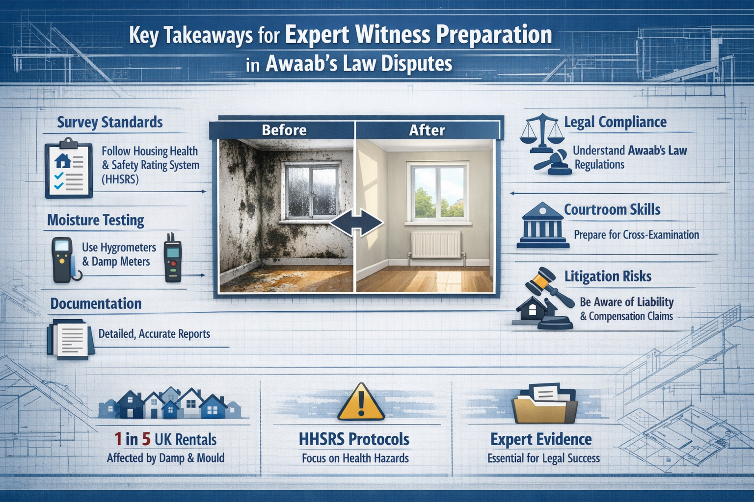A comprehensive infographic displaying 'Key Takeaways' for Expert Witness Preparation in Awaab's Law Disputes, featuring a